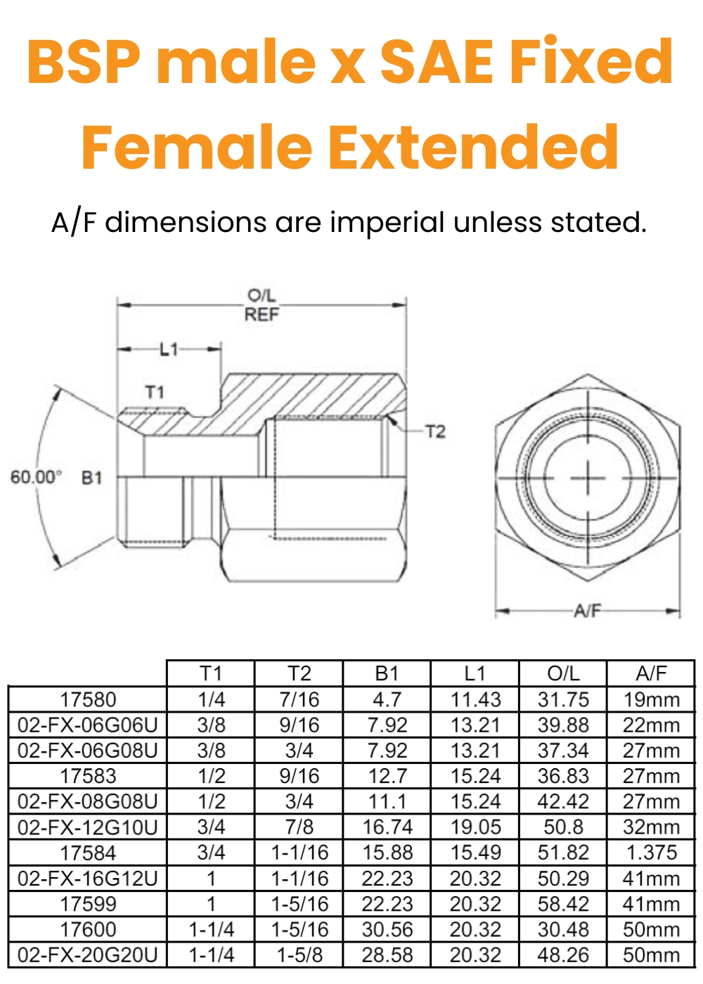 1/4 BSP x 7/16 SAE M/Fix Fem Ext Hydraulic Adaptor